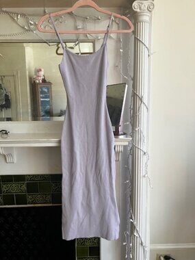 Hera Collection Midi Dress Side Slit Adjustable Straps Ribbed Knit Sz S Lavender